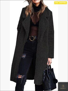 Fuzzy Fleece Lapel Open Front Long Cardigan Coat Faux Fur Winter Jacket